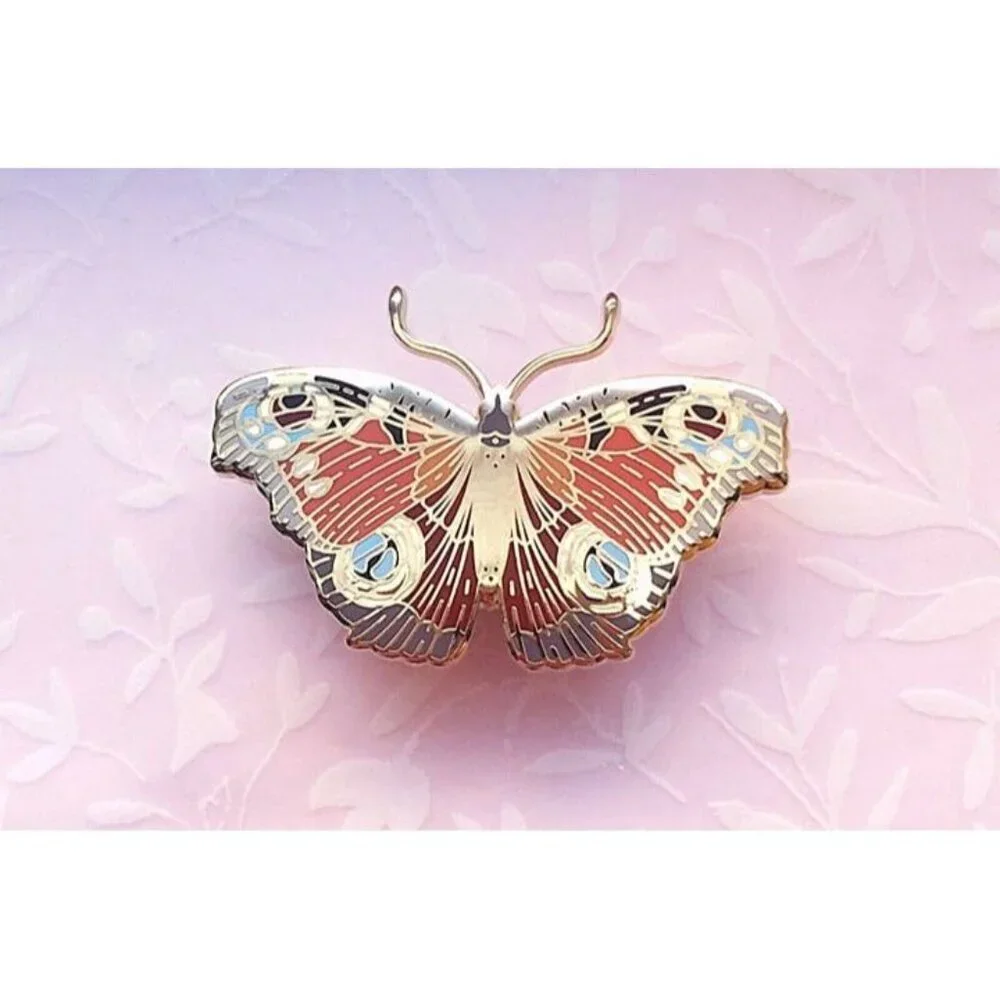 European Peacock Butterfly Enamel Pin - Gold‎ Plated Nature Jewelry & Brooch